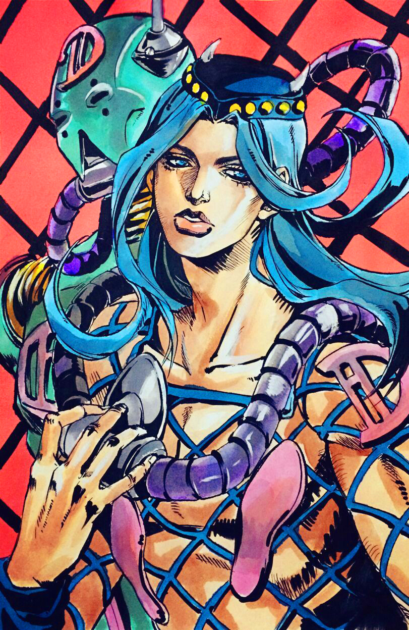 1boy araki_hirohiko_(style) blue_eyes blue_hair diver_down_(stand) fishnets hat highres jojo_no_kimyou_na_bouken long_hair male_focus narciso_anasui qi_(bleachcxn) stand_(jojo) stone_ocean traditional_media upper_body
