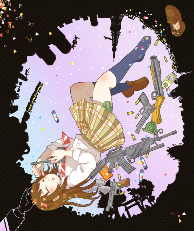 1girl aai_corporation airtronic_usa assault_rifle blue_socks break-action_grenade_launcher brown_hair bullet cityscape closed_eyes colt&#039;s_manufacturing_company colt_defense coppelion cross diemaco explosive female_focus grenade grenade_launcher gun hand_grenade handgun holster ikarimame kneehighs knight&#039;s_armament_company lewis_machine_and_tool_company loafers long_hair m16 m16a2 m203 m79 miniskirt multicolored_skirt nambu_pistol naruse_ibara necktie plaid_clothes plaid_skirt pleated_skirt radiation_symbol red_cross revolver rifle rm_equipment school_uniform shoes shotgun single_shoe skirt sleeves_rolled_up socks solo striped_necktie striped_neckwear thigh_holster tokyo_tower torii train tree u.s._ordnance underbarrel_grenade_launcher upside-down walkie-talkie weapon
