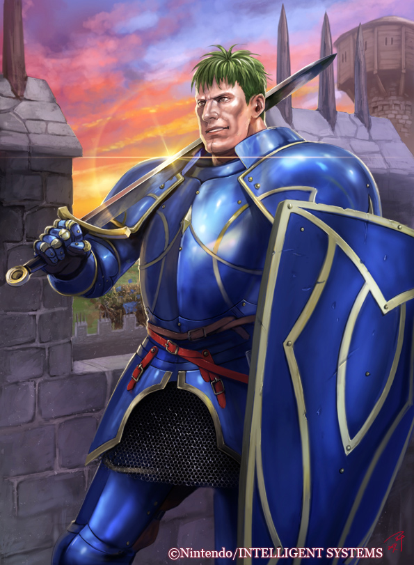 1boy arden_(fire_emblem) armor battlement blue_armor brown_eyes chainmail cleft_chin company_name fire_emblem fire_emblem:_genealogy_of_the_holy_war fire_emblem_cipher glint green_hair holding holding_shield holding_sword holding_weapon nintendo official_art outdoors shield short_hair soeda_ippei standing sunset sword weapon