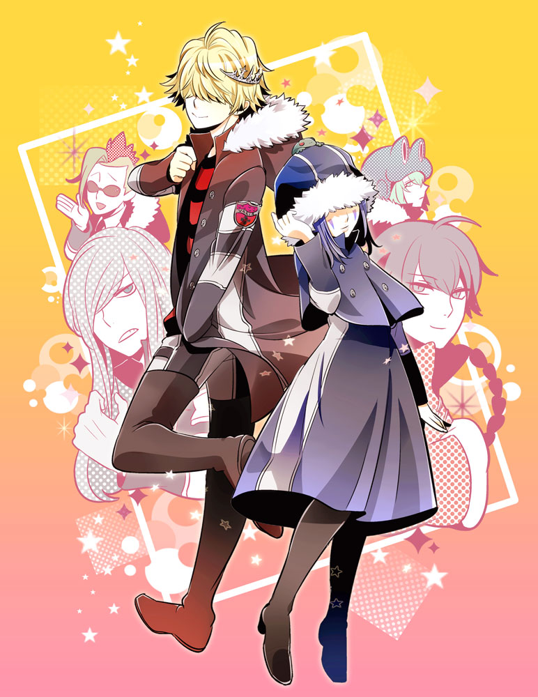 belphegor_(reborn) blonde_hair boots closed_mouth commentary_request fran_(reborn) green_hair hair_over_eyes hat high_heel_boots high_heels iyutani katekyo_hitman_reborn! lussuria_(reborn) mammon_(reborn) multiple_boys shirt smile striped_clothes striped_shirt superbi_squalo tiara varia