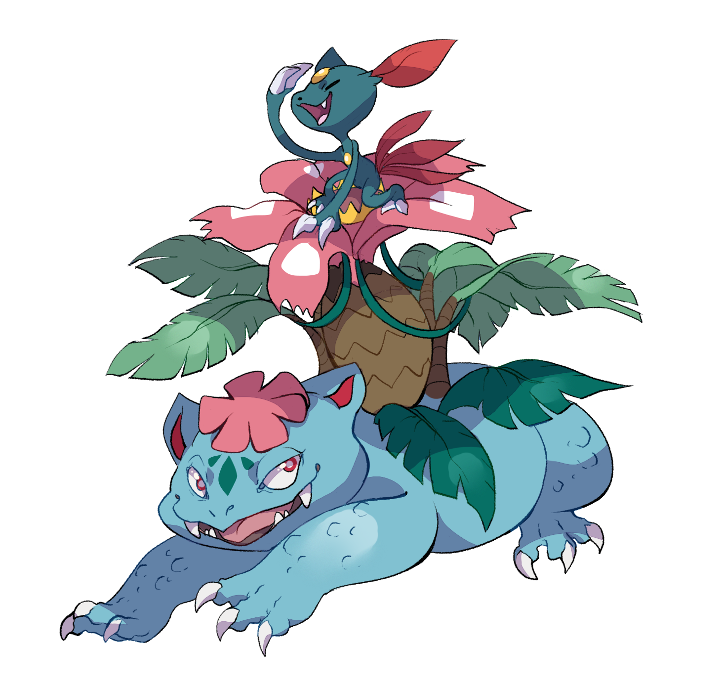 animal_focus arm_up bright_pupils claws commission fang fangs full_body game_freak gen_1_pokemon gen_2_pokemon highres mega_pokemon mega_venusaur nintendo no_humans nostrils open_mouth pokemon pokemon_(creature) red_eyes sieepybear simple_background sneasel transparent_background venusaur white_pupils