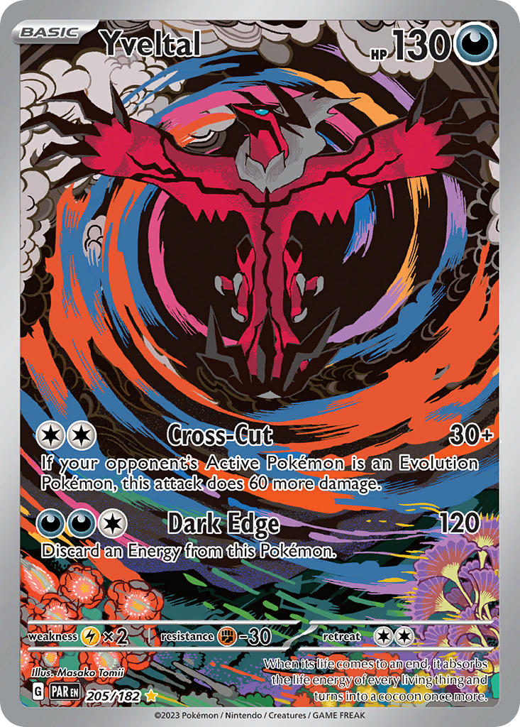 animal_focus artist_name card_(medium) character_name cloud company_name copyright_name copyright_notice english_text flower flying full_body gen_6_pokemon legendary_pokemon nintendo no_humans official_art pokemon pokemon_(creature) pokemon_card pokemon_focus pokemon_tcg solo third-party_source tomii_masako trading_card vortex yveltal