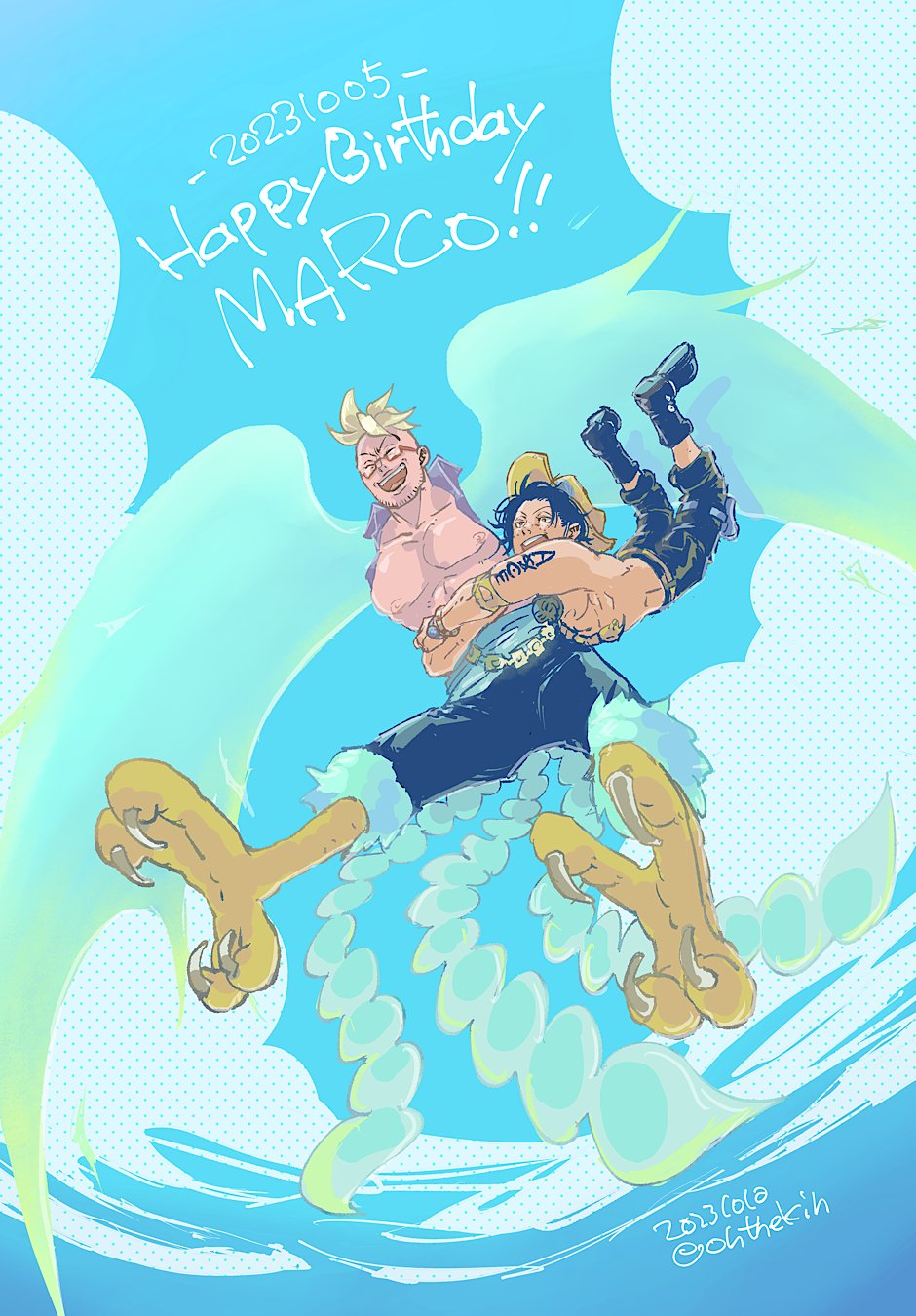 2boys arm_tattoo black_shorts blue_sky boots commentary_request dated full_body glasses happy_birthday harpy_boy highres male_focus marco_(one_piece) monster_boy multiple_boys ohthekin one_piece open_mouth portgas_d._ace shorts sky smile tail tattoo topless_male twitter_username wings