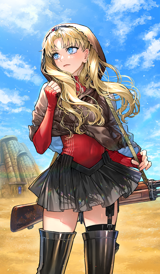 1girl black_boots black_skirt blonde_hair blue_eyes blue_sky boots capelet cloud cloudy_sky fate/extra fate/grand_order fate_(series) female_focus hood hood_up hooded_capelet long_hair long_sleeves looking_at_viewer miniskirt nipi27 official_art pleated_skirt red_shirt sand shirt skirt sky solo thigh_boots tohsaka_rin tohsaka_rin_(fate/extra) tohsaka_rin_(true_appearance)_(fate/extra) wavy_hair