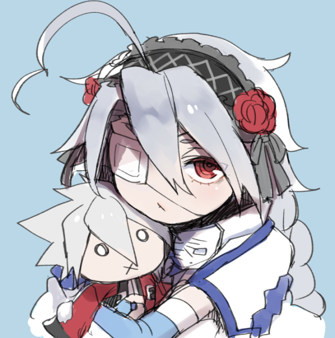 1girl x_mouth ahoge black_ribbon blank_eyes blazblue braid cape character_doll collared_cape doll hugging_doll eyepatch flower gothic_lolita headband heart huge_ahoge lolita_fashion long_hair looking_at_viewer medical_eyepatch messy_hair nu-13 hugging_object pout ragna_the_bloodedge red_eyes ribbon rose single_braid smile solo uzukinoko very_long_hair white_hair