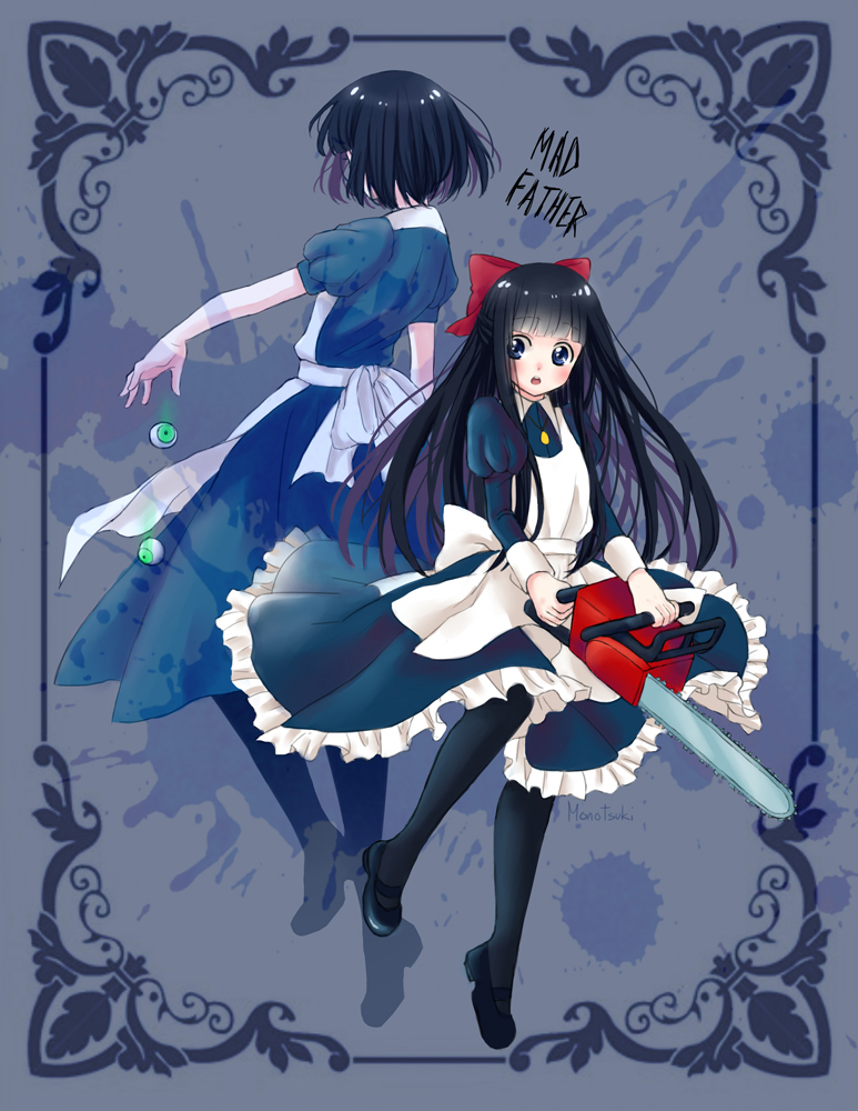 2girls apron aya_drevis black_footwear black_hair chainsaw hair_ribbon leggings long_hair mad_father maid_apron monotsuki multiple_girls red_ribbon ribbon short_hair