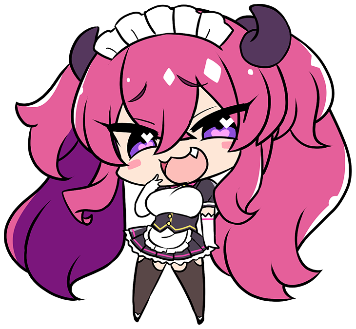 1girl :3 apron black_dress black_horns black_skirt black_thighhighs blush bow bowtie breasts collar_jewel curved_horns derauea dragon_girl dragon_horns dress dyzenia_dracour elbow_gloves fang femme_de_menage_maid_academy_uniform flower footwear_flower frilled_apron frills game_cg garter_straps gem gloves heart heart_in_eye horns large_breasts long_hair looking_at_viewer maid maid_apron maid_headdress mesugaki milk_factory miniskirt motto!_haramase!_honoo_no_oppai_isekai_oppai_maid_gakuen! naughty_face non-web_source open_mouth pink_bow pink_bowtie pink_hair puffy_short_sleeves puffy_sleeves purple_brooch purple_eyes purple_gemstone short_sleeves skirt smile smug solo symbol_in_eye teasing thighhighs transparent_background twintails v very_long_hair waist_apron white_apron white_gloves