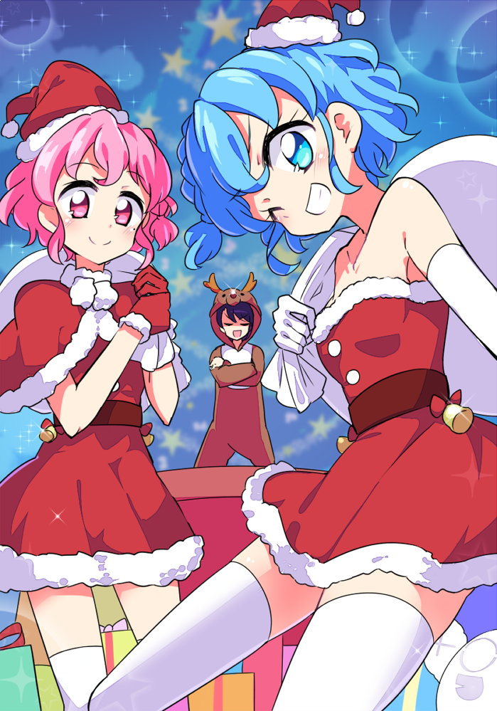 1boy 2girls akagi_(sk0127aho) animal_costume antlers christmas crossed_arms dorothy_west dress fur-trimmed_dress fur-trimmed_headwear fur_trim gift gloves hat holding holding_sack horns looking_at_viewer multiple_girls one_eye_closed pretty_series pripara reindeer_antlers reindeer_costume reona_west sack santa_costume santa_dress santa_hat siblings thighhighs toudou_shion trap twins