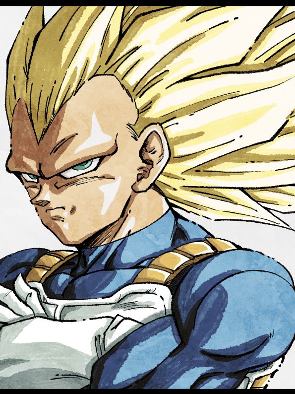 1boy armor blonde_hair blue_bodysuit bodysuit crossed_arms dragon_ball dragon_ball_daima gloves green_eyes hiro_(udkod1ezlyi2flo) long_hair male_focus no_eyebrows saiyan_armor simple_background solo spiked_hair super_saiyan super_saiyan_3 upper_body vegeta white_armor white_background white_gloves