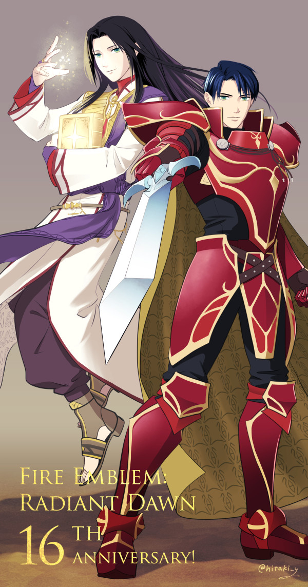 2boys anniversary armor black_hair blue_hair book commentary_request dark_blue_hair english_text fire_emblem fire_emblem:_radiant_dawn floating green_eyes hitaki_y holding holding_book holding_sword holding_weapon levitation long_hair male_focus multiple_boys nintendo print_cape red_armor sephiran_(fire_emblem) short_hair sword toeless_footwear twitter_username weapon zelgius_(fire_emblem)