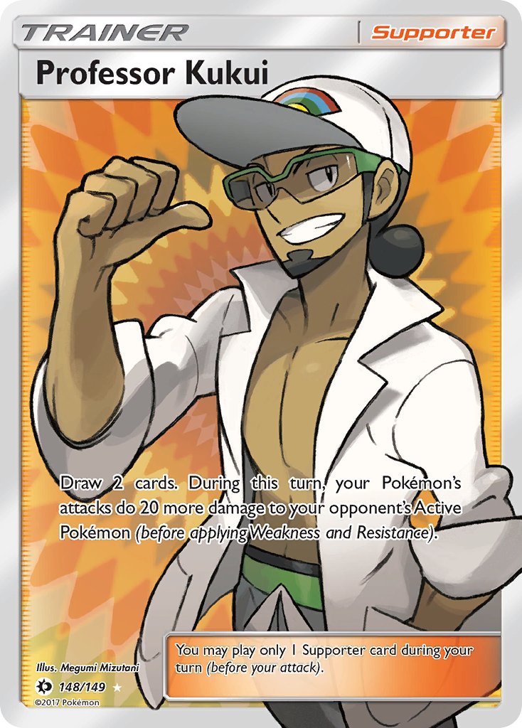 1boy artist_name brown_hair character_name coat copyright_name copyright_notice dark-skinned_male dark_skin english_text facial_hair goatee green-framed_eyewear grey_pants grin hand_in_pocket hat jitome professor_kukui lab_coat mizutani_megumi nintendo official_art open_clothes open_coat pants pointing pointing_at_self pokemon pokemon_card pokemon_sm pokemon_tcg smile solo teeth third-party_source topless_female topless_male trading_card white_coat white_hat