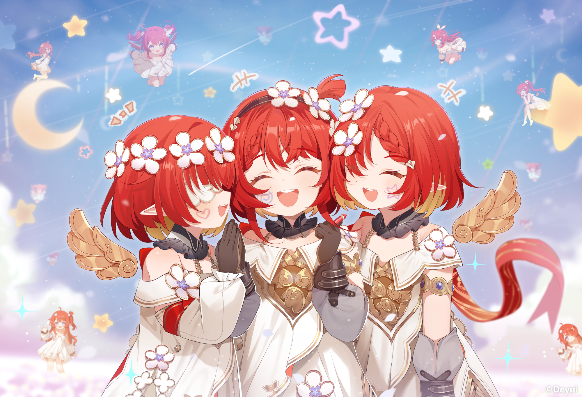 6+girls ancient_greek_clothes black_gloves black_hairband blue_sky commentary crayon crescent_moon deyui dress english_commentary gloves greco-roman_clothes hairband head_wreath heart_on_cheek highres holding holding_crayon honkai:_star_rail honkai_(series) moon multiple_girls red_hair short_hair sky smile star_(sky) star_on_cheek teeth trianne_(honkai:_star_rail) tribbie_(honkai:_star_rail) trinnon_(honkai:_star_rail) twitter_username white_blindfold white_dress