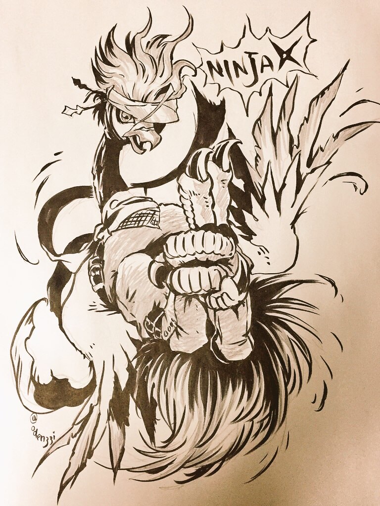 bandana digimon digimon_(creature) ninja peckmon simple_background solo traditional_media white_background