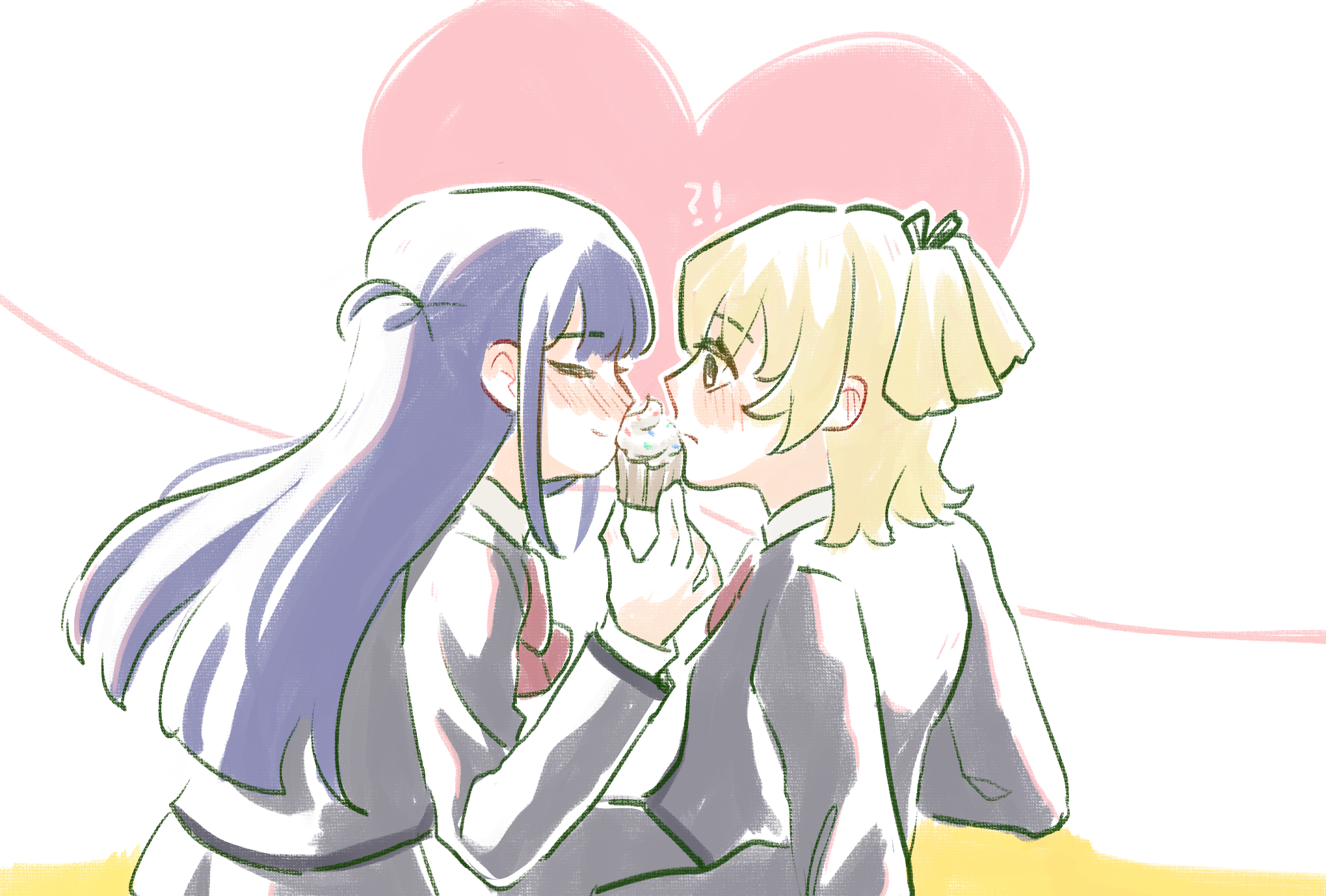 !? 2girls black_eyes blonde_hair blunt_bangs blunt_ends blush bow bowtie closed_eyes closed_mouth collared_shirt commentary_request daiba_nana face-to-face flustered food from_side green_ribbon grey_jacket grey_skirt hand_up heart heart_background highres holding holding_food indirect_kiss jacket leaning_back leaning_forward light_smile long_hair long_sleeves looking_at_another multiple_girls pleated_skirt profile purple_hair red_bow red_bowtie ribbon risai seishou_music_academy_uniform sharing_food shirt short_twintails shoujo_kageki_revue_starlight sidelocks skirt smile standing tsuyuzaki_mahiru twintails two_side_up upper_body white_background white_shirt yuri