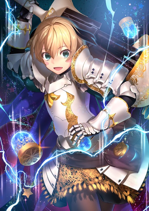 1girl :d arm_up armor blonde_hair blush_stickers breastplate brown_pantyhose brown_skirt couter cowboy_shot electricity fate/grand_order fate_(series) faulds game_cg gareth_(fate) gareth_(third_ascension)_(fate) gauntlets glowing gold_trim green_eyes green_shirt hair_between_eyes holding holding_behind_back holding_polearm holding_weapon holding_weapon_behind_back juliet_sleeves long_sleeves looking_at_viewer miniskirt nekotawawa official_art open_mouth pantyhose pauldrons polearm puffy_sleeves shirt short_hair shoulder_armor skirt smile solo star_symbol third-party_source weapon white_armor