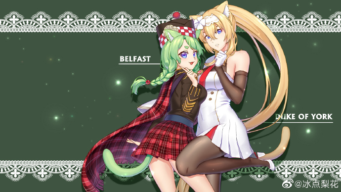 2girls animal_ears belfast_(warship_girls_r) black_legwear blonde_hair breasts cat_ears cat_tail character_name dress duke_of_york_(warship_girls_r) gloves green_hair hat kilt large_breasts long_hair multiple_girls necktie pantyhose ponytail tail very_long_hair warship_girls_r watermark weibo_watermark white_dress white_gloves