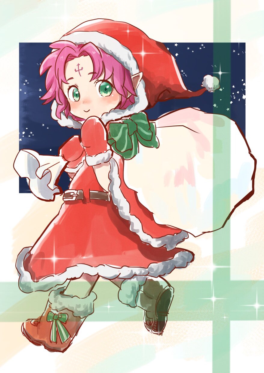 1girl belt boots bow closed_mouth facial_mark fae_(fire_emblem) female_focus fire_emblem fire_emblem:_the_binding_blade forehead_mark from_side full_body fur_trim green_bow green_eyes hat highres hoshigaki_(hsa16g) looking_back mittens nintendo pointy_ears pom_pom_(clothes) purple_hair red_hat red_mittens sack santa_costume santa_hat short_hair smile solo