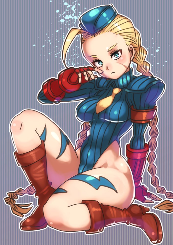 1girl ahoge armband blonde_hair blue_eyes blue_hat blue_leotard bodypaint boots braid breasts brown_armband brown_boots cammy_white facial_scar fingerless_gloves full_body garrison_cap gloves grey_background hat heattech_leotard highleg highleg_leotard kuwango leotard lightning_bolt_symbol long_hair long_sleeves looking_at_viewer medium_breasts necktie on_one_knee red_gloves ribbed_leotard rubbing_eyes scar scar_on_cheek scar_on_face shiny_skin sleeved_leotard solo street_fighter street_fighter_zero_(series) striped_background thighs thong_leotard turtleneck twin_braids wide_hips yellow_necktie