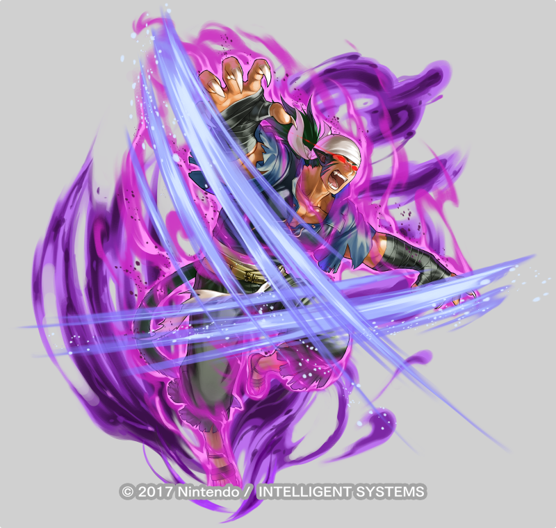 1boy animal_ears aura bandana claws copyright_notice dark-skinned_male dark_aura dark_skin fangs fire_emblem fire_emblem:_radiant_dawn fire_emblem_heroes full_body glowing glowing_eyes green_hair grey_background kita_senri laguz_(fire_emblem) male_focus muarim_(fire_emblem) muarim_(raw_instinct)_(fire_emblem) muscular muscular_male nintendo official_art open_mouth pectoral_cleavage pectorals red_eyes sandals solo tail tiger_boy tiger_ears white_bandana