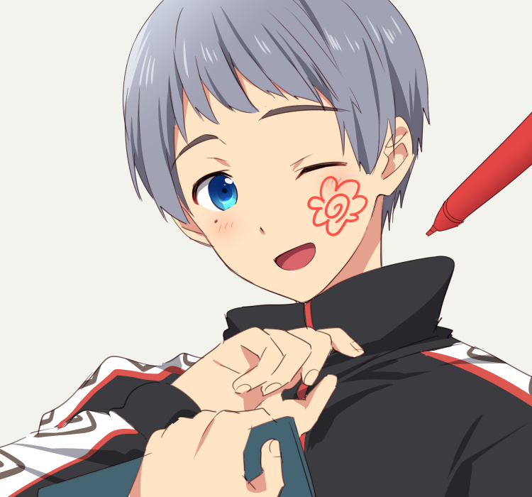 10s 1boy blue_eyes free! grey_hair jacket male_focus mo_(nmnme) mole mole_under_eye nitori_aiichirou one_eye_closed open_mouth simple_background smile solo white_background