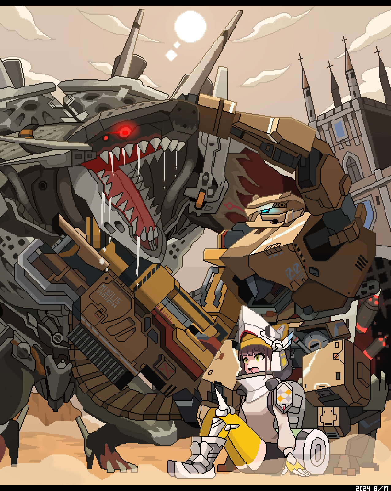 2024 braid brown_hair castle chatterbox_(nikke) chime_(nikke) dated day eye_trail fighting gloves glowing glowing_eyes goddess_of_victory:_nikke green_eyes gun helmet highres kilo_(nikke) light_trail long_hair long_sleeves mecha open_mouth pixel_art rapture_(nikke) robot saliva sharp_teeth sitting sky smoke sugiyamasama sun talos_(nikke) teeth twin_braids weapon