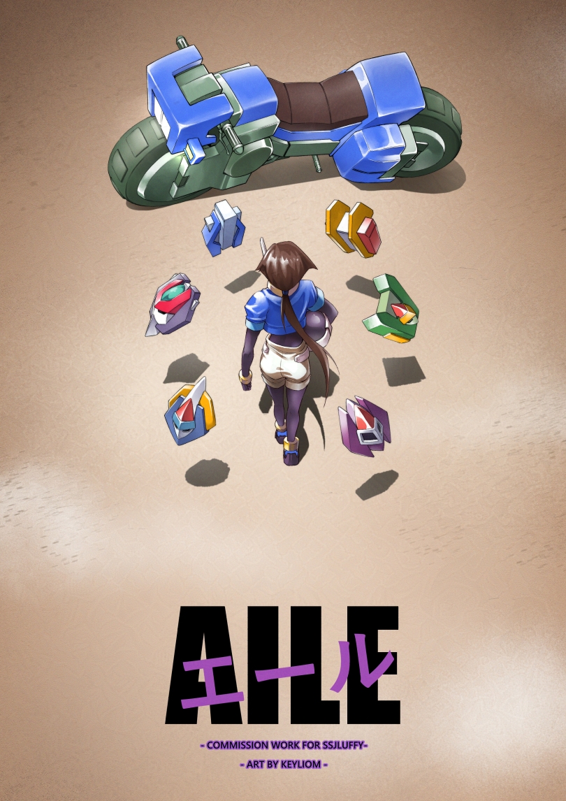 1girl aile_(mega_man_zx) akira_(manga) akira_movie_poster biometal black_bodysuit blue_jacket bodysuit bodysuit_under_clothes brown_hair character_name commission cropped_jacket full_body helmet holding holding_helmet jacket keyliom long_hair mega_man_(series) mega_man_zx mega_man_zx_advent model_f_(mega_man) model_h_(mega_man) model_l_(mega_man) model_p_(mega_man) model_x_(mega_man) model_z_(mega_man) motor_vehicle motorcycle ponytail robot_ears shorts solo_focus unworn_headwear unworn_helmet white_shorts