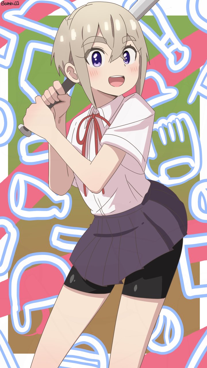 1girl :d artist_name bambi2000line bare_arms baseball_bat bike_shorts bike_shorts_under_skirt black_skirt blush commentary crossed_bangs grey_hair hair_between_eyes highres holding holding_baseball_bat kimi_no_koto_ga_dai_dai_dai_dai_daisuki_na_100-nin_no_kanojo looking_at_viewer neck_ribbon open_mouth pleated_skirt purple_eyes red_ribbon ribbon shirt short_hair short_sleeves skirt smile solo sutou_iku thick_eyebrows white_shirt