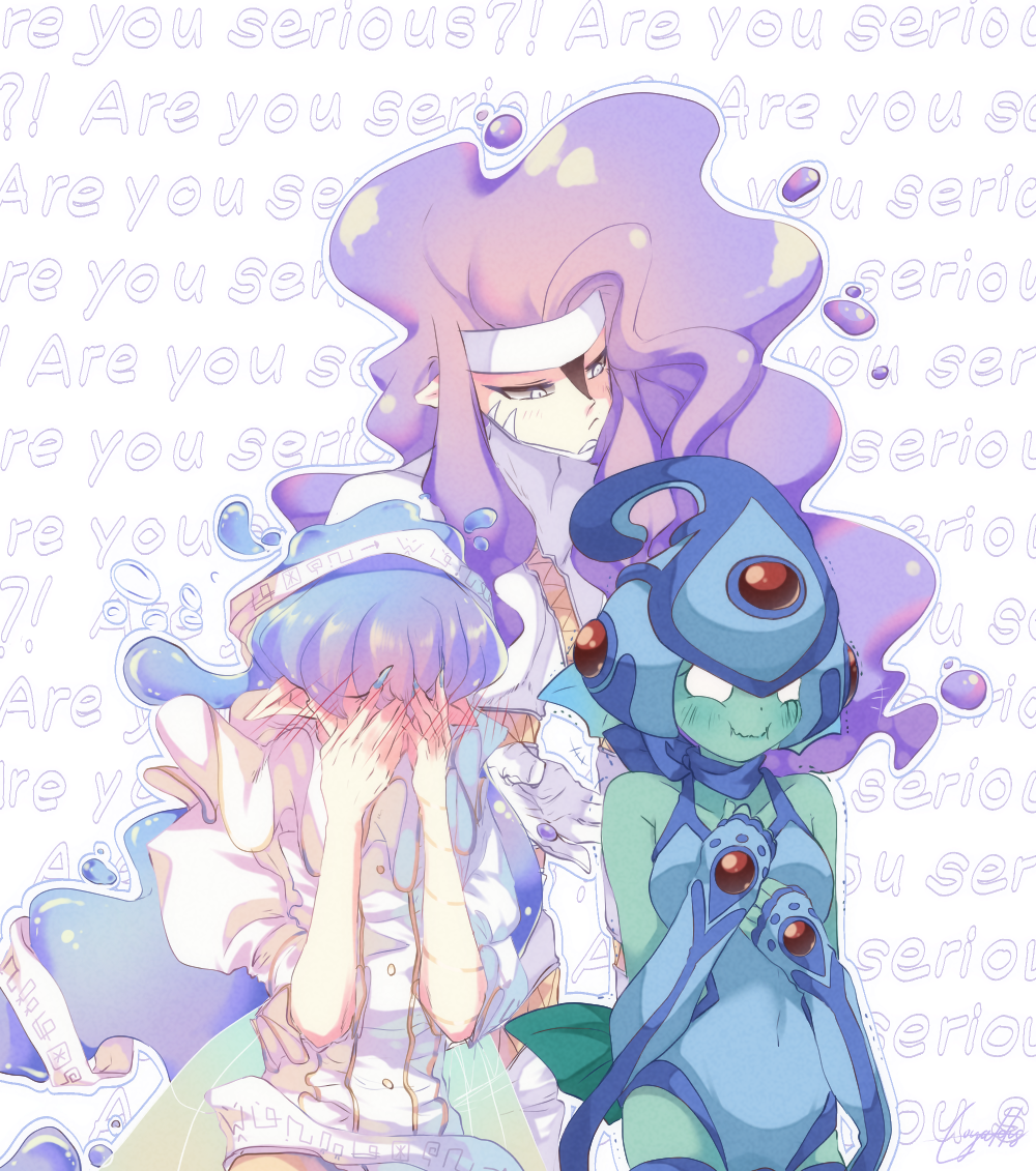 1boy 2girls digimon embarrassed fins frog_girl helmet monster_girl multiple_girls one-piece_swimsuit original ranamon splashmon swimsuit