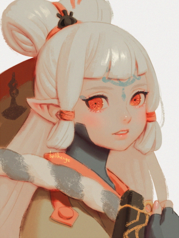 1girl bellhenge blonde_hair eye_symbol facial_mark forehead_mark gloves hyrule_warriors hyrule_warriors:_age_of_calamity impa long_hair looking_at_viewer nintendo pointy_ears red_eyes sheikah solo the_legend_of_zelda the_legend_of_zelda:_breath_of_the_wild white_hair aged_down