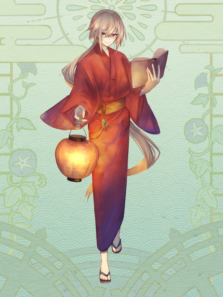 1boy belt_charm book brown_hair closed_mouth dairoku_ryouhei full_body glasses gradient_clothes gradient_kimono green_background hair_between_eyes holding holding_book holding_lantern japanese_clothes kimono lantern long_hair long_sleeves looking_at_viewer male_focus open_book paper_lantern purple_kimono red_eyes red_kimono romayasu sandals sash sidelocks smile solo standing very_long_hair yellow_sash zouri