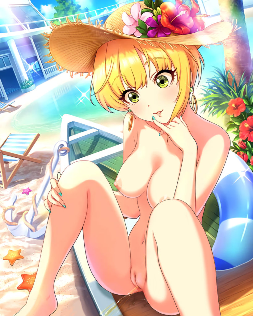 1girl beach_chair blonde_hair boat breasts cleft_of_venus completely_nude day earrings flower green_eyes hat idolmaster idolmaster_cinderella_girls jewelry medium_breasts miyamoto_frederica nipples nude nude_filter outdoors pee peeing pussy short_hair solo spread_legs starfish straw_hat tagme third-party_edit uncensored water watercraft