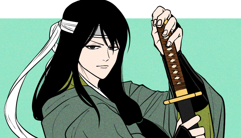 1boy aged_down arm_guards black_eyes black_hair closed_mouth commentary_request gintama green_kimono headband holding holding_sword holding_weapon japanese_clothes katana katsura_kotarou kimono long_hair looking_at_viewer low-tied_long_hair male_focus official_alternate_costume pike_121 sheath sheathed solo sword upper_body weapon white_headband wide_sleeves