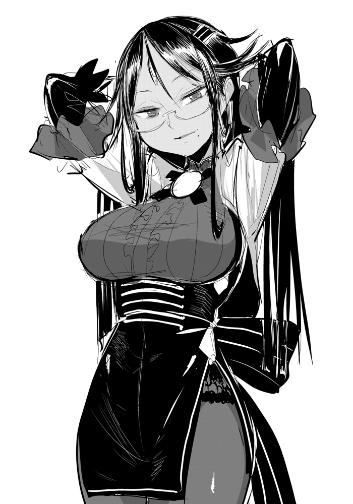 1girl arms_behind_head arms_up breasts commentary_request cowboy_shot glasses greyscale ken_(koala) large_breasts livia_medeiros long_hair long_sleeves looking_at_viewer magia_record:_mahou_shoujo_madoka_magica_gaiden magical_girl mahou_shoujo_madoka_magica monochrome pantyhose side_slit simple_background skirt smile solo white_background