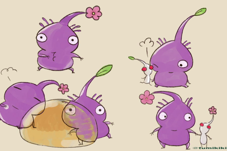black_eyes brown_background burp colored_skin commentary_request creature creature_focus flower hand_on_own_stomach height_difference holding_hands leaf looking_at_another multiple_views nintendo no_humans no_mouth one_eye_closed partial_commentary pikmin_(creature) pikmin_(series) pink_flower purple_hair purple_pikmin purple_skin red_eyes short_hair simple_background sitting solid_circle_eyes standing tsumikiki_(user_gxnu4755) twitter_username very_short_hair white_pikmin white_skin