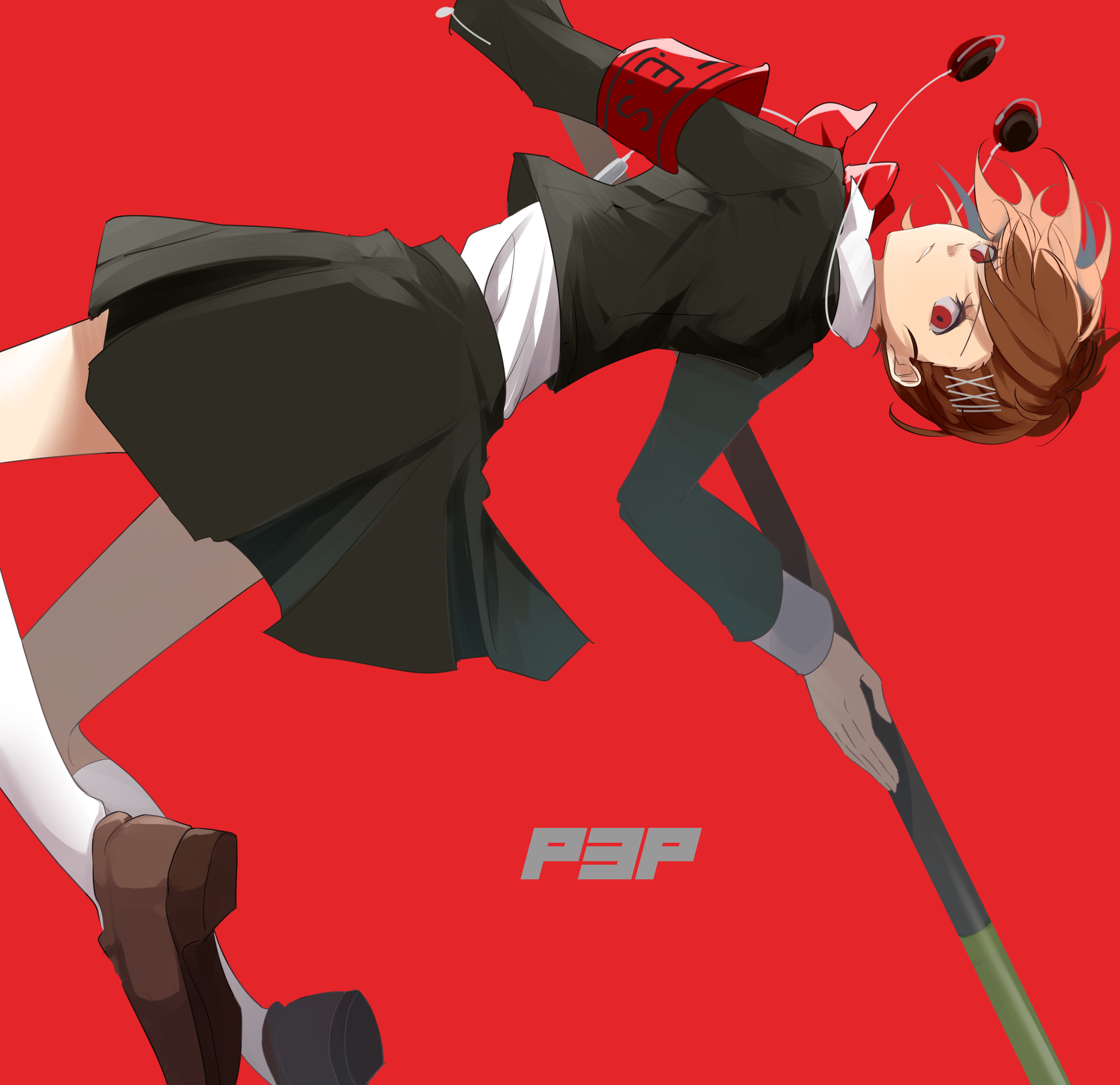 1girl absurdres black_jacket black_skirt brown_hair brown_shoes digital_media_player digital_walkman gekkoukan_high_school_uniform hair_ornament hairpin highres holding holding_polearm holding_weapon jacket jumping kyuryuu_anuma loafers long_sleeves looking_at_viewer multiple_hairpins naginata persona persona_3 persona_3_portable polearm red_background red_eyes school_uniform shiomi_kotone shirt shoes skirt socks solo walkman_nw-s203f weapon white_shirt white_socks