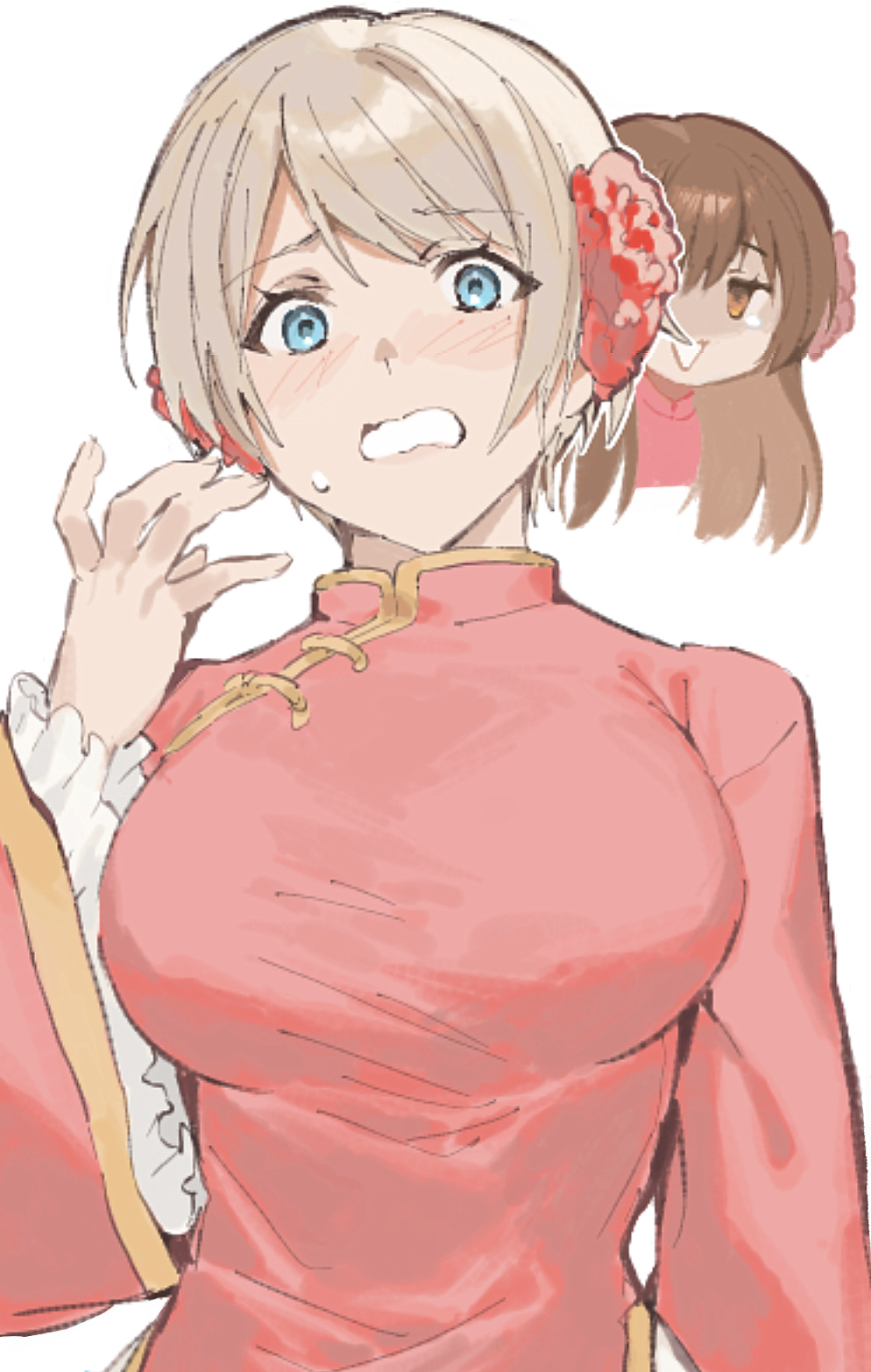 2girls axis_powers_hetalia blue_eyes blush breasts brown_eyes brown_hair chinese_clothes cosplay flower frills grey_hair hair_flower hair_ornament hand_up highres large_breasts long_hair long_sleeves looking_at_another looking_at_viewer mandarin_collar multiple_girls pink_shirt red_flower shirt short_hair simple_background smile soji_777 sweatdrop taiwan_(hetalia) taiwan_(hetalia)_(cosplay) teeth ukraine_(hetalia) upper_body white_background wide_sleeves