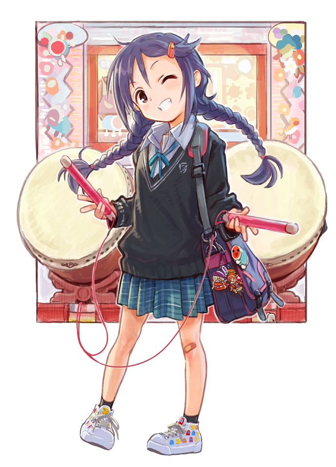 1girl bag bandaid bandaid_on_knee bandaid_on_leg black_hair black_socks blinky_(pac-man) blush braid brown_eyes character_doll clyde_(pac-man) collared_shirt doll drum drumsticks female_focus fugo full_body futaba_anzu grin hair_ornament hairclip idolmaster idolmaster_cinderella_girls inky_(pac-man) instrument long_hair looking_at_viewer miyoshi_sana moroboshi_kirari neck_ribbon one_eye_closed pac-man pac-man_(game) pinky_(pacman) plaid_clothes plaid_skirt pleated_skirt ribbon school_bag school_uniform shirt shoes shoulder_bag skirt smile sneakers socks solo sweater taiko_drum taiko_no_tatsujin teeth twin_braids wada_don