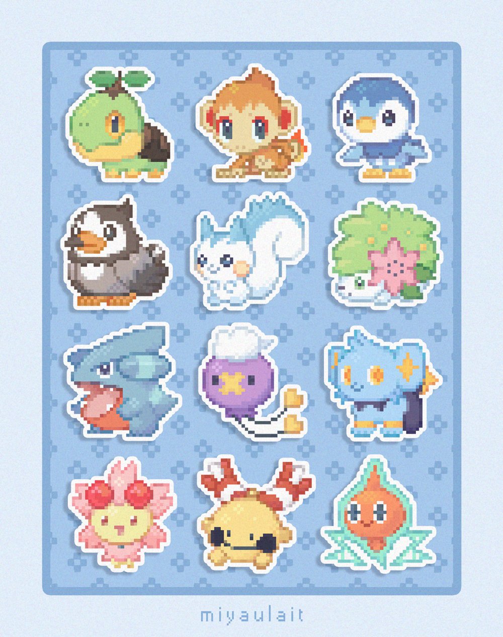 :d artist_name blue_background border cherrim cherrim_(sunshine) chimchar chingling closed_mouth creatures_(company) drifloon game_freak gen_4_pokemon gible highres legendary_pokemon miyaulait mythical_pokemon nintendo no_humans open_mouth outline pachirisu piplup pixel_art pokemon pokemon_(creature) pokemon_focus rotom rotom_(normal) shaymin shaymin_(land) shinx smile starly turtwig yellow_eyes