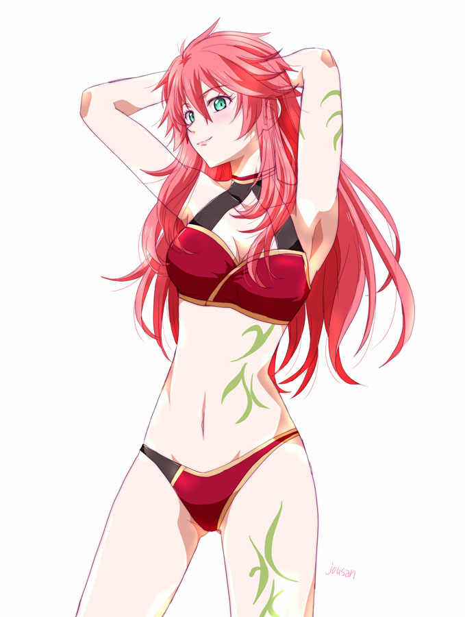 1girl armpit_crease armpits arms_behind_back artist_name bikini breasts cowboy_shot double-parted_bangs eiyuu_densetsu green_eyes hair_between_eyes hajimari_no_kiseki long_hair medium_breasts navel red_bikini red_hair sen_no_kiseki_(series) shirley_orlando sidelocks simple_background solo swimsuit tattoo white_background xiacheng_tatsuya