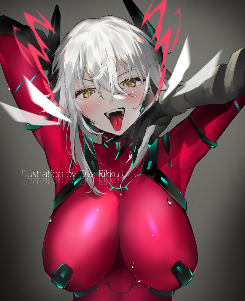 1girl black_gloves bodysuit breasts cyborg dyarikku gloves large_breasts open_mouth red_bodysuit teeth tongue tongue_out virtual_youtuber vshojo white_hair yellow_eyes zentreya zentreya_(cyborg) zentreya_(cyborg)_(1st_costume)
