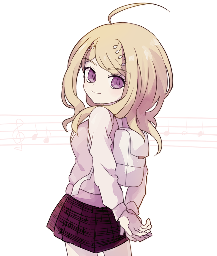 1girl ahoge akamatsu_kaede arms_behind_back backpack bag blonde_hair breasts closed_mouth commentary_request cowboy_shot danganronpa_(series) danganronpa_v3:_killing_harmony eyelashes fortissimo from_behind hair_ornament hand_on_hand large_breasts long_hair long_sleeves looking_at_viewer looking_back miniskirt musical_note musical_note_background musical_note_hair_ornament musical_note_print pink_vest pleated_skirt purple_eyes purple_skirt ruri_(2620981) shirt skirt smile solo standing vest white_background white_bag white_shirt