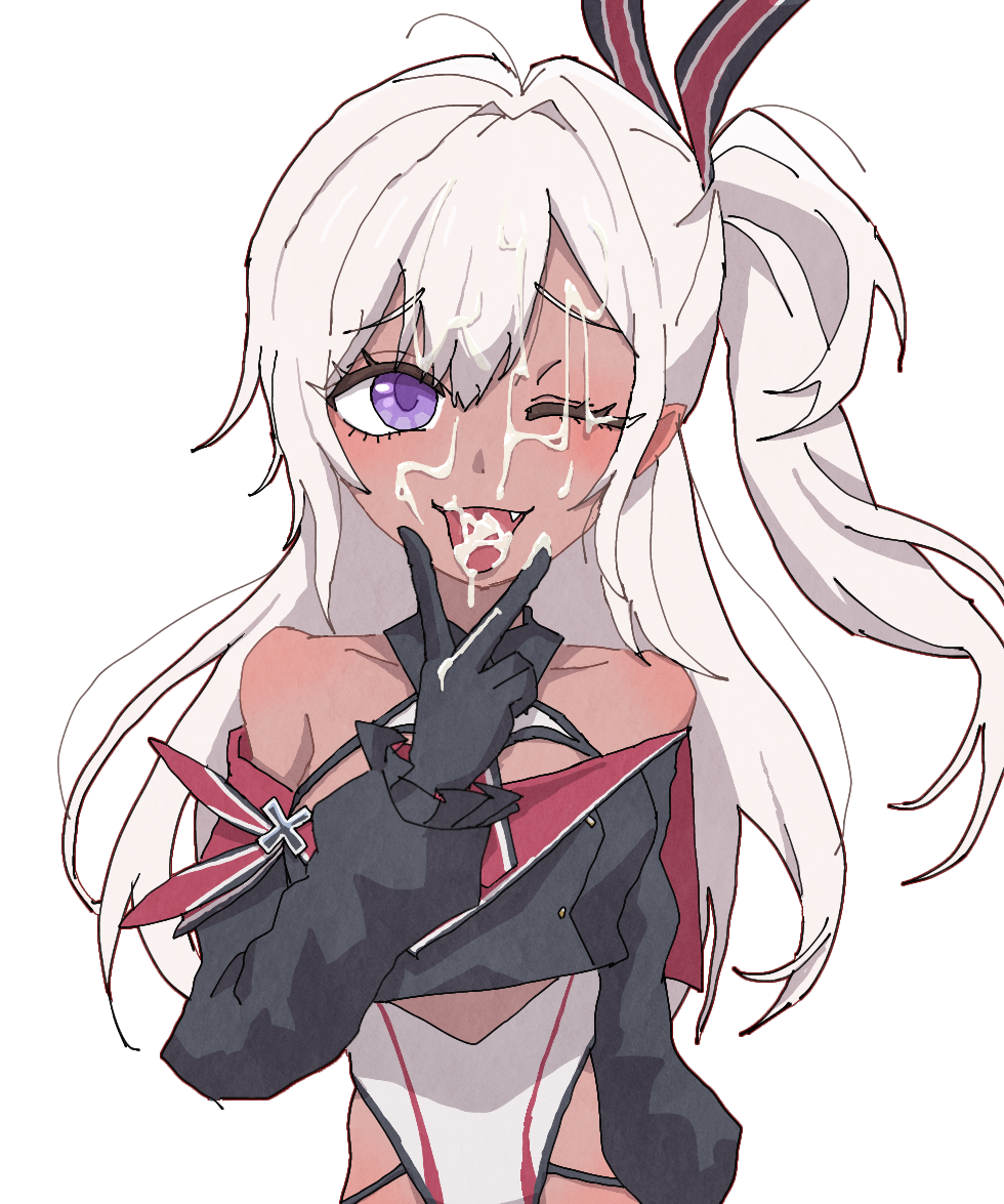 1girl azur_lane bare_shoulders black_ribbon camave crop_top cross cum cum_in_mouth cum_on_body cunnilingus_gesture dark-skinned_female dark_skin facial fang hair_intakes hair_ribbon hand_up iron_cross long_hair looking_at_viewer one-piece_swimsuit one_eye_closed one_side_up purple_eyes red_ribbon ribbon simple_background solo swimsuit tongue tongue_out two-tone_ribbon u-31_(azur_lane) upper_body v v_over_mouth white_background white_hair white_one-piece_swimsuit