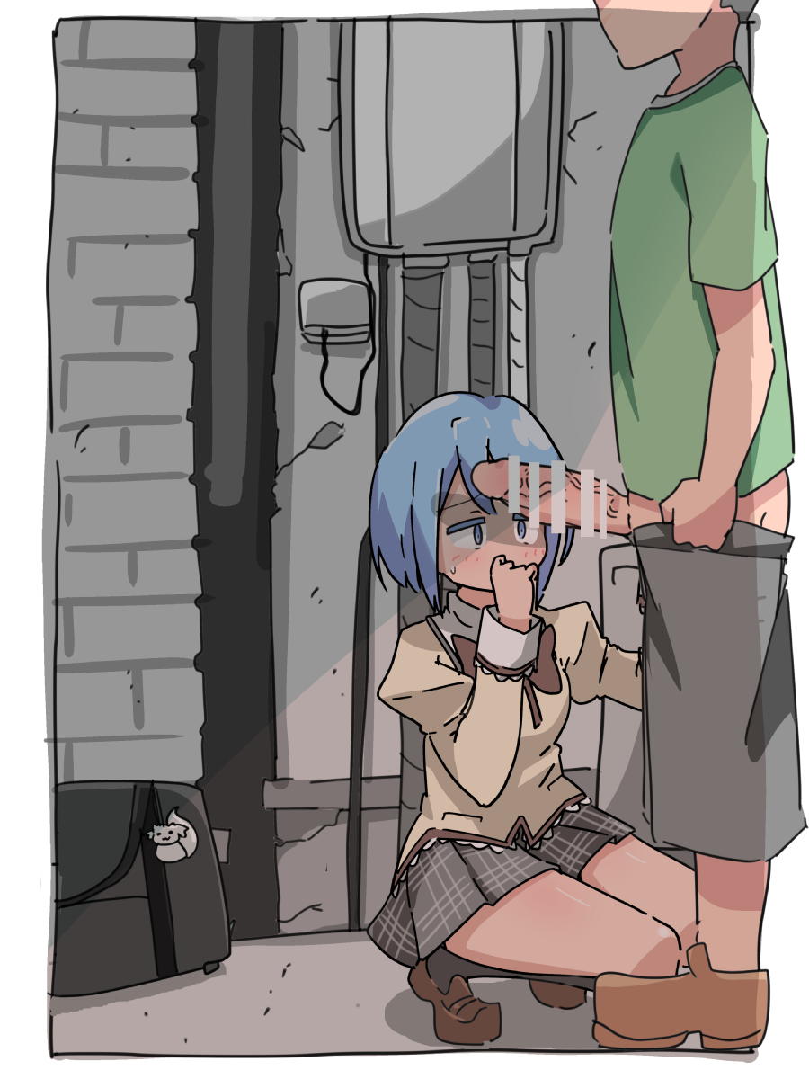 1boy 1girl alley bag bar_censor black_socks blue_eyes blue_hair blush bow brown_footwear censored green_shirt grey_skirt hetero highres itagaki_super_dx juliet_sleeves kneeling kyubey large_penis legs long_sleeves looking_at_penis mahou_shoujo_madoka_magica miki_sayaka nervous outdoors penis pin plaid_clothes plaid_skirt puffy_sleeves red_bow school_uniform shirt shoes short_hair skirt socks sweat sweatdrop veins veiny_penis wide-eyed