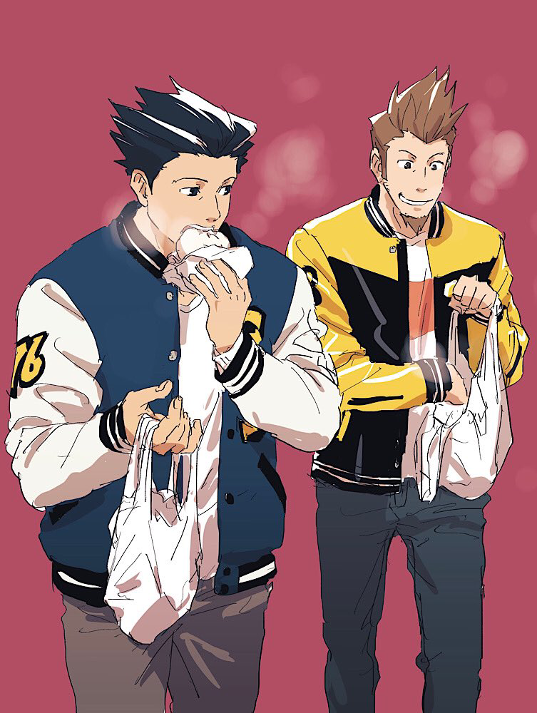 2boys ace_attorney alternate_costume bag beard black_hair bomber_jacket brown_hair eating facial_hair food grey_pants grin holding holding_bag holding_food jacket larry_butz long_sleeves looking_at_another male_focus multicolored_jacket multiple_boys open_clothes open_jacket pants phoenix_wright red_background shirt shopping_bag short_hair simple_background smile spiked_hair standing steam steamed_bun taba_(tb_gya) two-tone_jacket