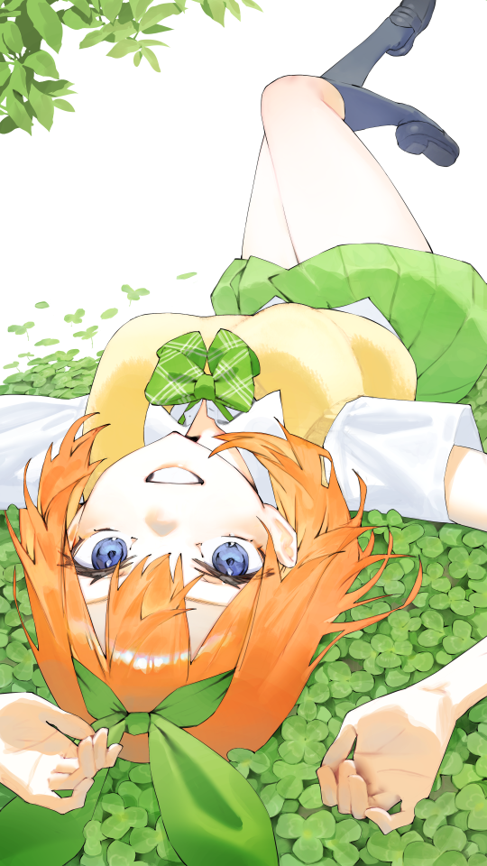1girl arms_up black_shoes black_socks blue_eyes bow bowtie clover collared_shirt commentary dated_commentary four-leaf_clover four-leaf_clover_day full_body go-toubun_no_hanayome green_bow green_bowtie green_ribbon green_skirt hair_ribbon kneehighs loafers looking_at_viewer lying mi8pq nakano_yotsuba on_back orange_hair pleated_skirt ribbon school_uniform shirt shoes short_sleeves skirt socks solo sweater_vest thighs white_shirt yellow_sweater_vest
