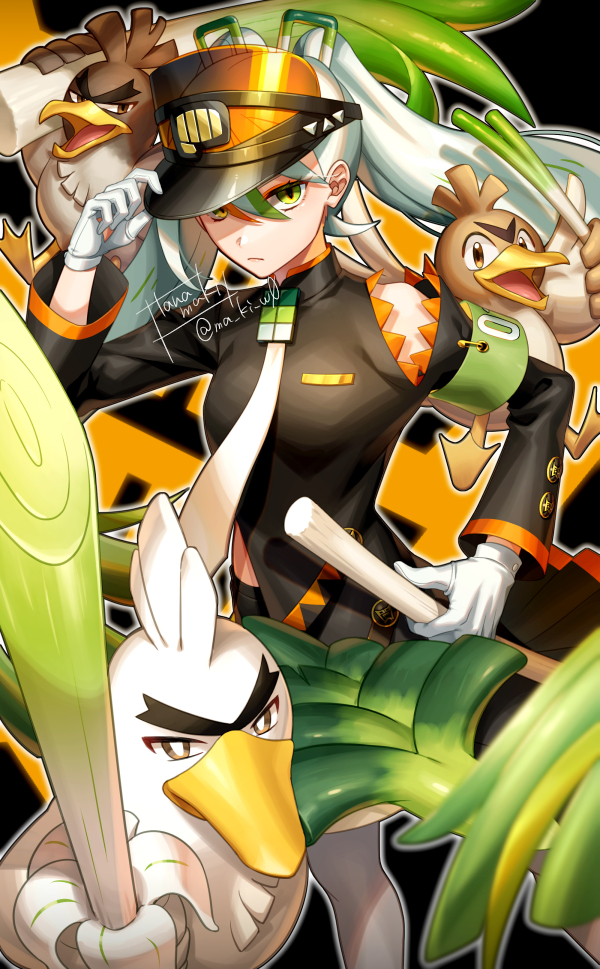armband black_coat coat detached_sleeves eyeshadow farfetch&#039;d fighting_miku_(project_voltage) food galarian_farfetch&#039;d galarian_form game_freak gen_1_pokemon gen_8_pokemon gloves green_armband hair_between_eyes hand_on_headwear hatsune_miku holding holding_food holding_spring_onion holding_vegetable kamuinii long_sleeves looking_at_viewer makeup multicolored_eyes necktie nintendo orange_eyeshadow orange_trim pokemon pokemon_(creature) project_voltage single_detached_sleeve sirfetch&#039;d spring_onion twintails vegetable visor_cap vocaloid white_gloves white_hair white_necktie