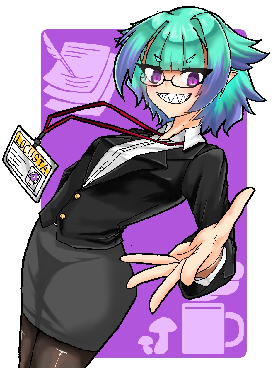 1girl alternate_costume black_jacket black_pantyhose black_skirt blunt_bangs character_name contemporary fate/grand_order fate_(series) formal_clothes grin highres id_card jacket locusta_(fate) looking_at_viewer multicolored_hair nubebenbe office_lady pants pantyhose pencil_skirt purple_background purple_eyes purple_hair sharp_teeth shirt short_hair skirt skirt_suit smile solo suit teeth two-tone_hair white_background white_shirt