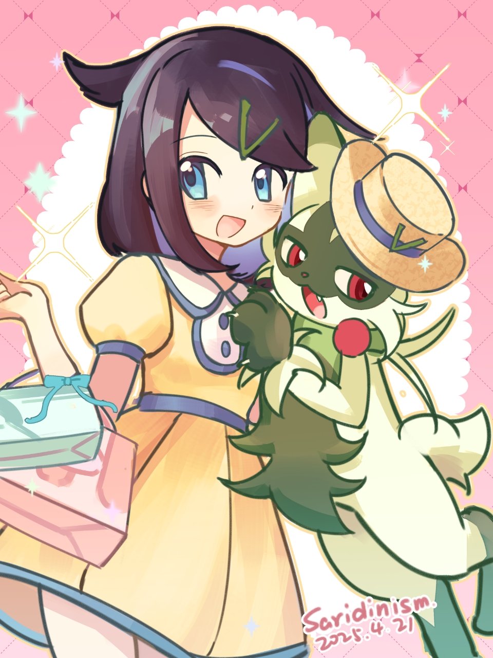 1girl :d artist_name bag black_hair blue_eyes blush dated dress floragato hair_ornament hairclip hat highres holding holding_bag liko_(pokemon) nintendo official_alternate_costume open_mouth pokemon pokemon_(anime) pokemon_(creature) pokemon_horizons puffy_short_sleeves puffy_sleeves saridinism shopping_bag short_hair short_sleeves smile yellow_dress