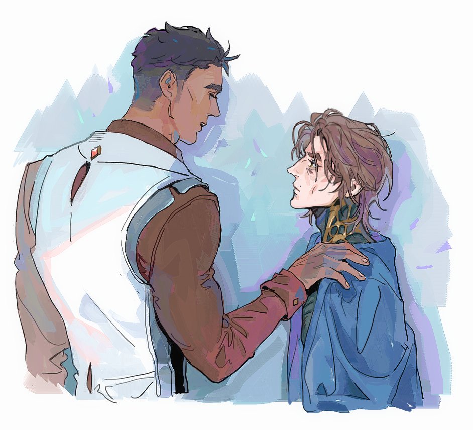2boys arcane:_league_of_legends arcane_jayce blanket brown_eyes brown_hair brown_shirt bunnyclvb closed_mouth commentary cropped_torso dark-skinned_male dark_skin english_commentary from_side hand_on_another&#039;s_shoulder jayce_(league_of_legends) league_of_legends long_sleeves male_focus messy_hair multiple_boys open_mouth shirt sleeve_cuffs teeth thick_eyebrows upper_teeth_only vest viktor_(arcane) viktor_(league_of_legends) white_background white_vest