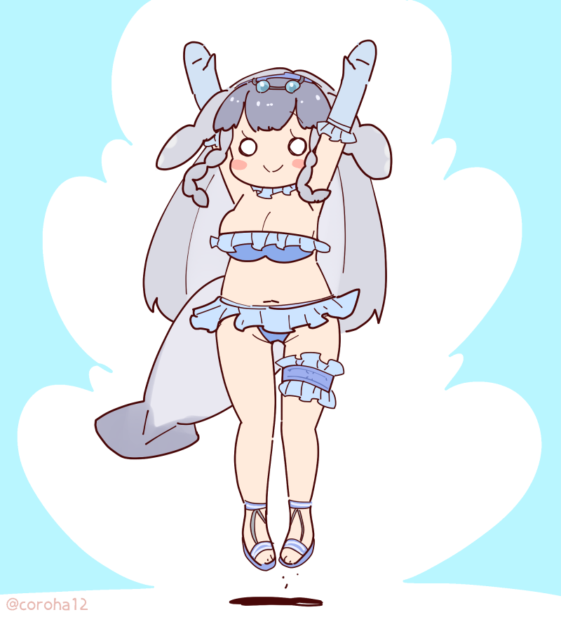 1girl american_manatee_(kemono_friends) arms_up bikini blue_background choker coroha elbow_gloves fins frills full_body gloves grey_hair hair_ornament head_fins jumping kemono_friends long_hair looking_at_viewer manatee_girl navel sandals simple_background solo swimsuit tail